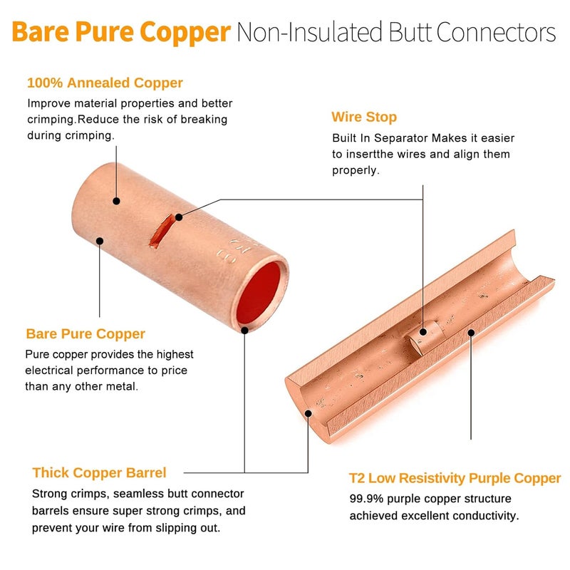 SVAAR 100PCS 12-10 Gauge Non Insulated Butt Connectors 12-10 AWG Uninsulated Butt Splice Connectors Crimp Repair Butt Splices Kit Bare Pure Copper Seamless Barrel Crimp Butt Splice Terminals - Image 4